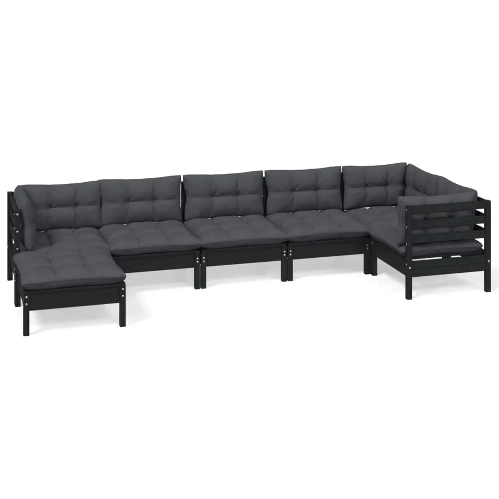 Salon de jardin 7 pcs bois de pin massif & coussins Noir