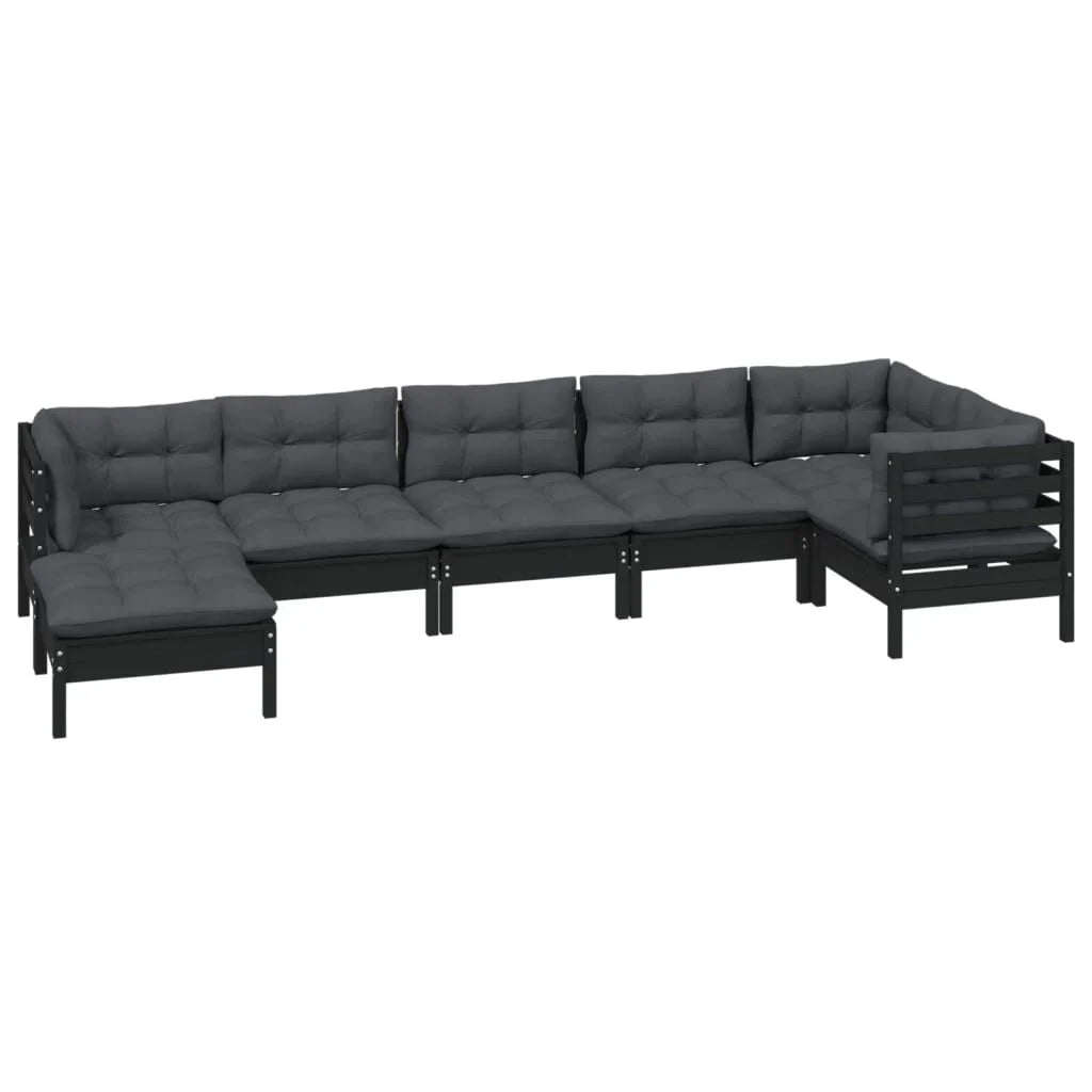 Salon de jardin 7 pcs bois de pin massif & coussins Noir