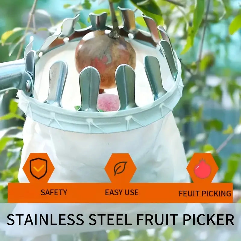 Outil de Ramassage de Fruits en Acier Inoxydable avec Sac de Capture & Ciseaux de Sécurité