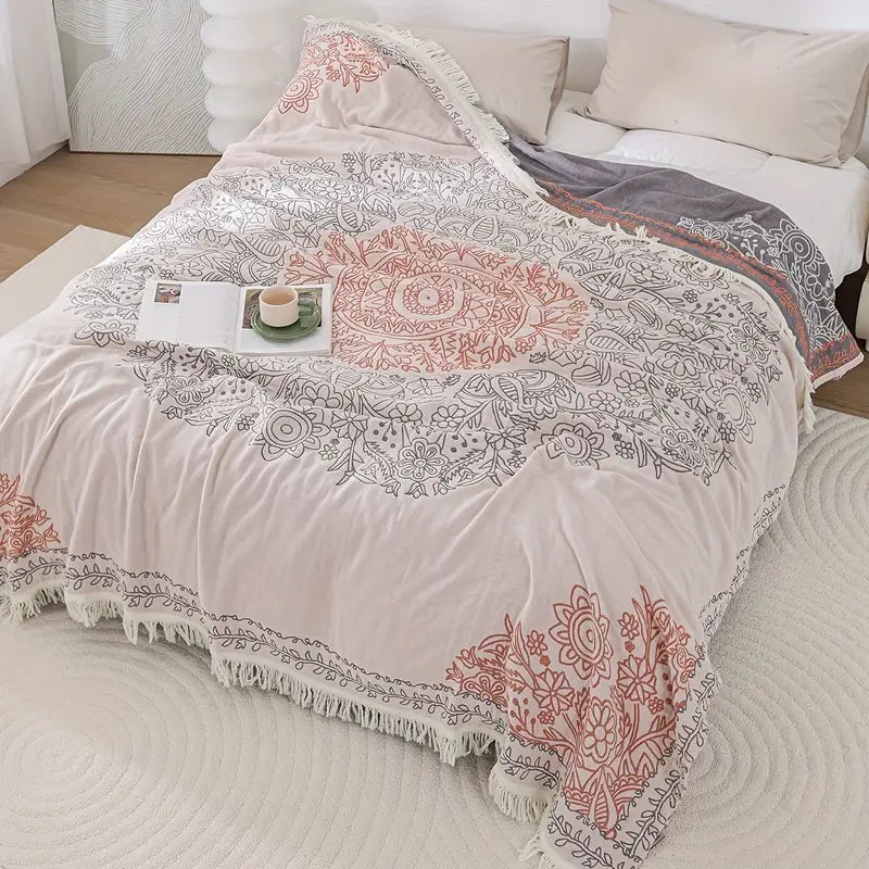 Housse de Canapé en Coton Pur à Franges | Jeté Polyvalent Toutes Saisons