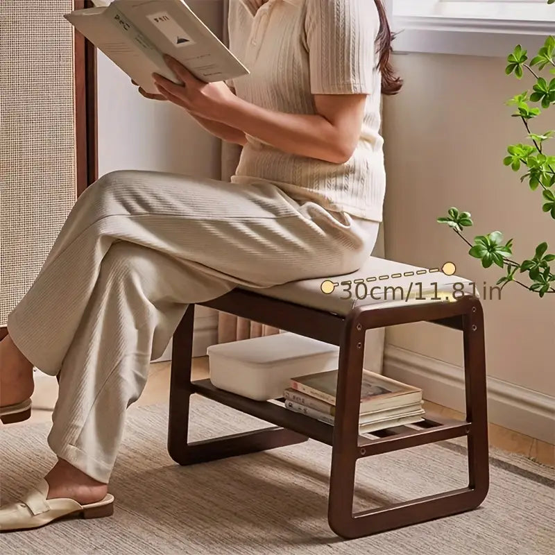 Banquette d'Entrée en Bois Massif de Style Vintage avec Pouf en Similicuir