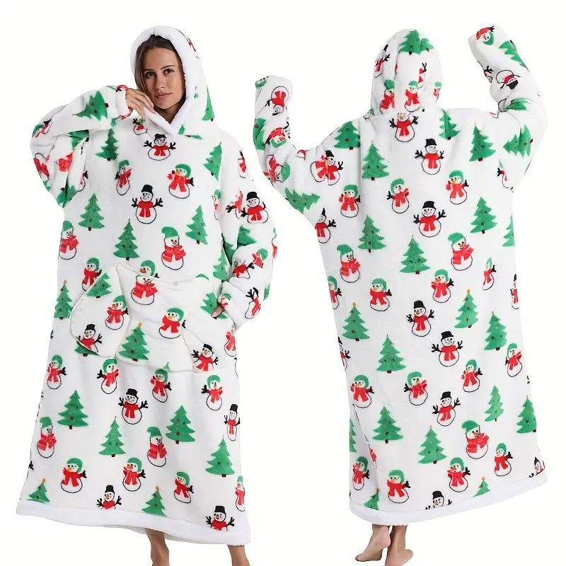 Plaid de Noël Douillet avec Capuche – Motifs Festifs et Hivernaux