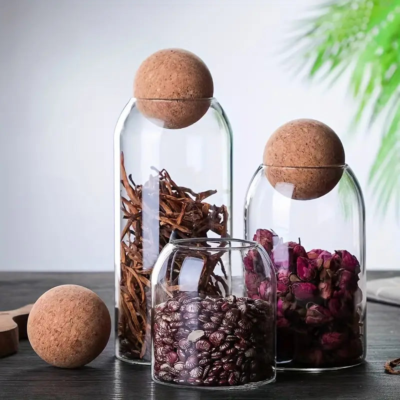 Lot de 3 Pots de Rangement en Verre avec Couvercles en Liège