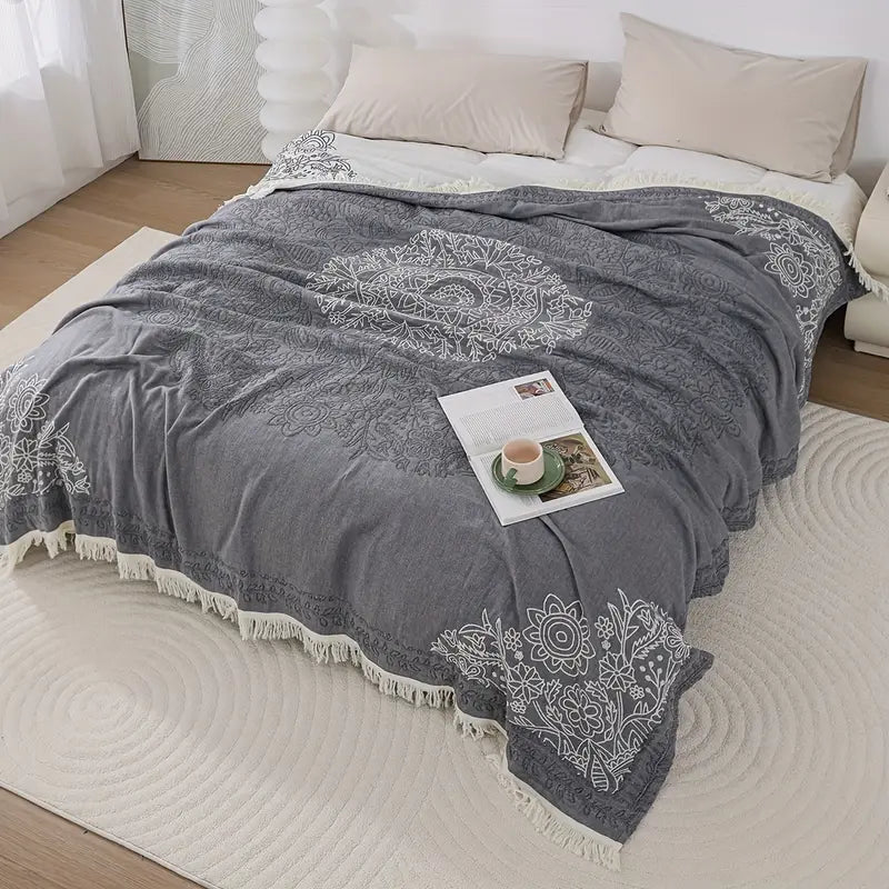 Housse de Canapé en Coton Pur à Franges | Jeté Polyvalent Toutes Saisons