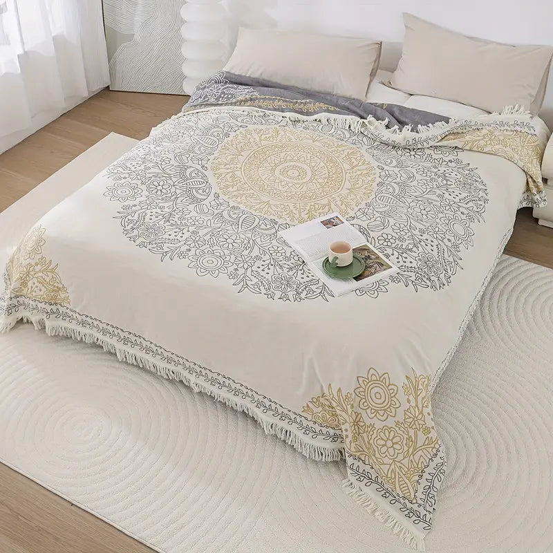 Housse de Canapé en Coton Pur à Franges | Jeté Polyvalent Toutes Saisons