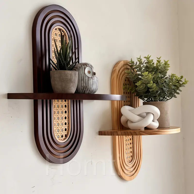 Étagère Murale en Bois & Rotin – Élégance Bohème Mi-Siècle Moderne