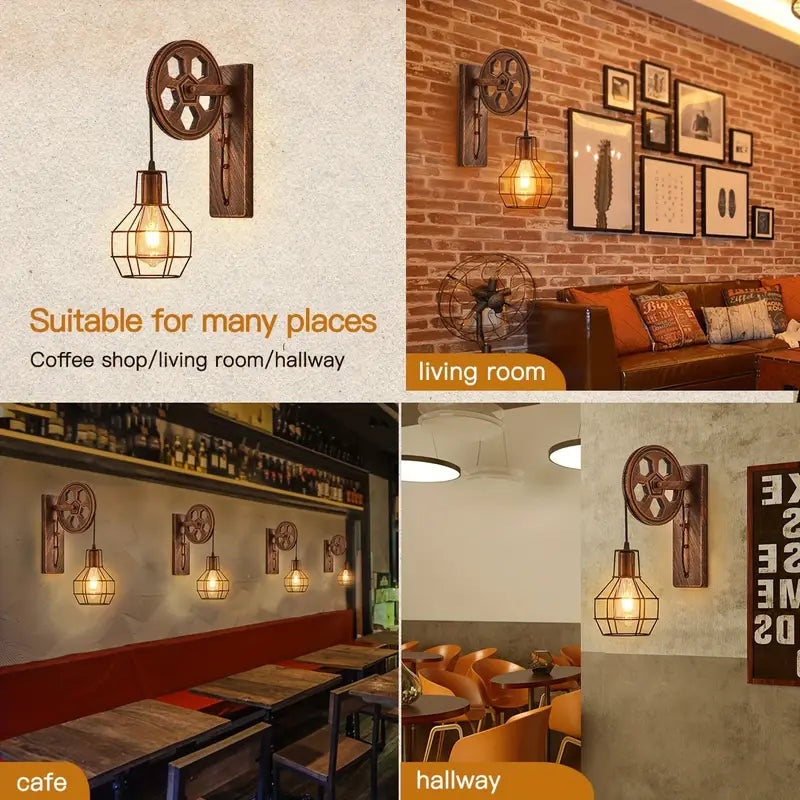 Lot de 2 Appliques Murales Industrielles Vintage – Design Roue en Métal & Bois