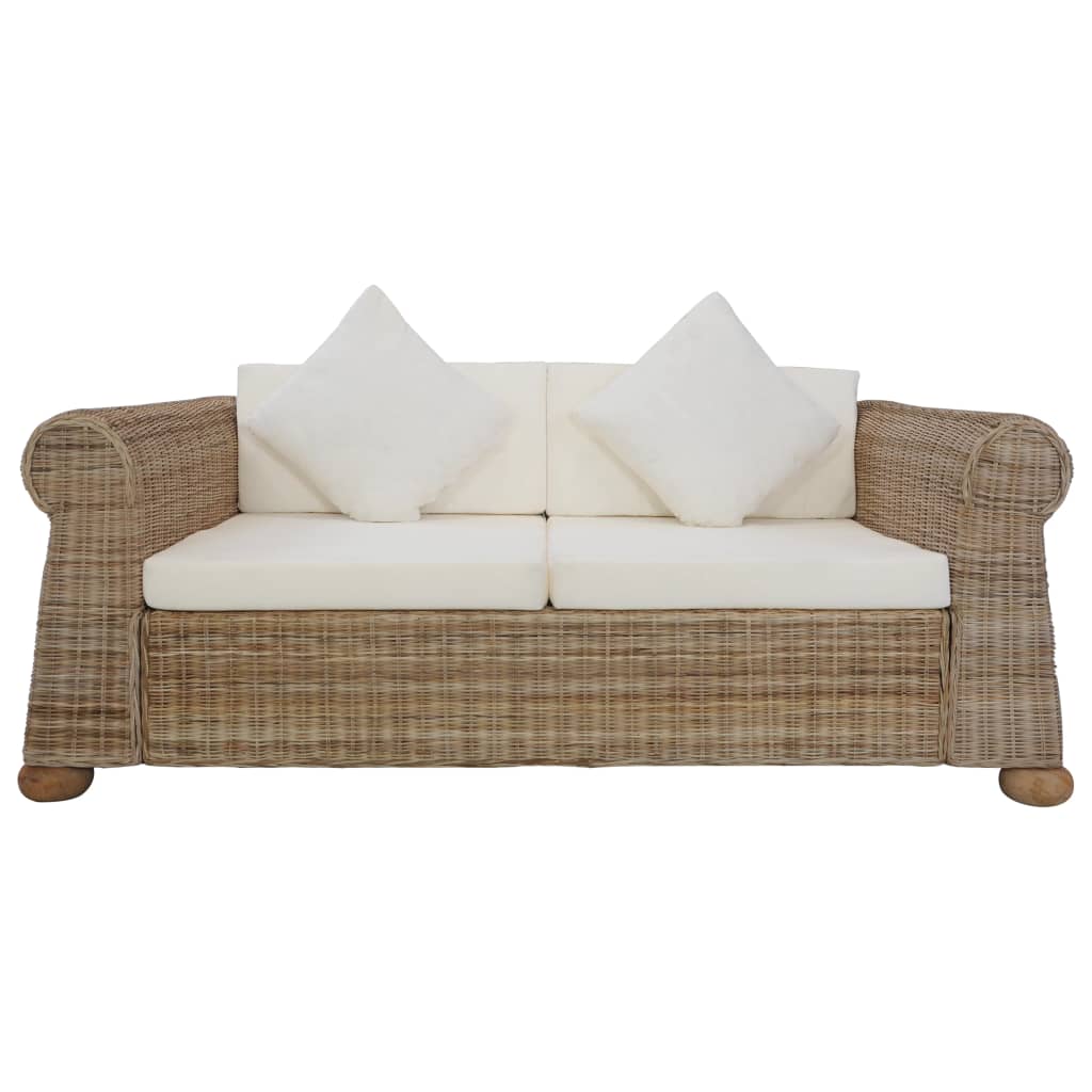Ensemble Canapé 2 Places & Fauteuil – Rotin Naturel & Coussins Lin Blanc Crème