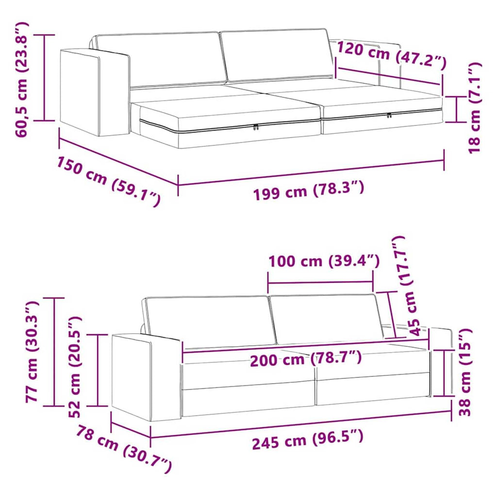 Canapé Lit 2-en-1 – 245 x 150 x 60,5 cm