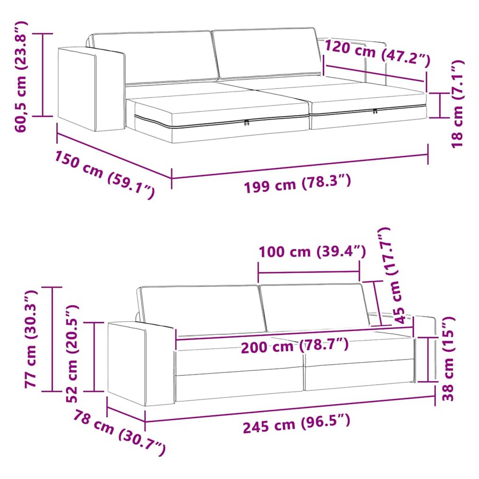 Canapé Lit 2-en-1 – 245 x 150 x 60,5 cm