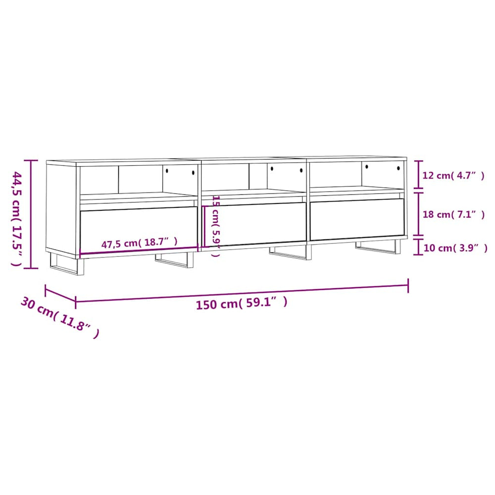 Meuble TV – 150 × 30 × 44,5 cm – 6 Compartiments, Pieds en Fer