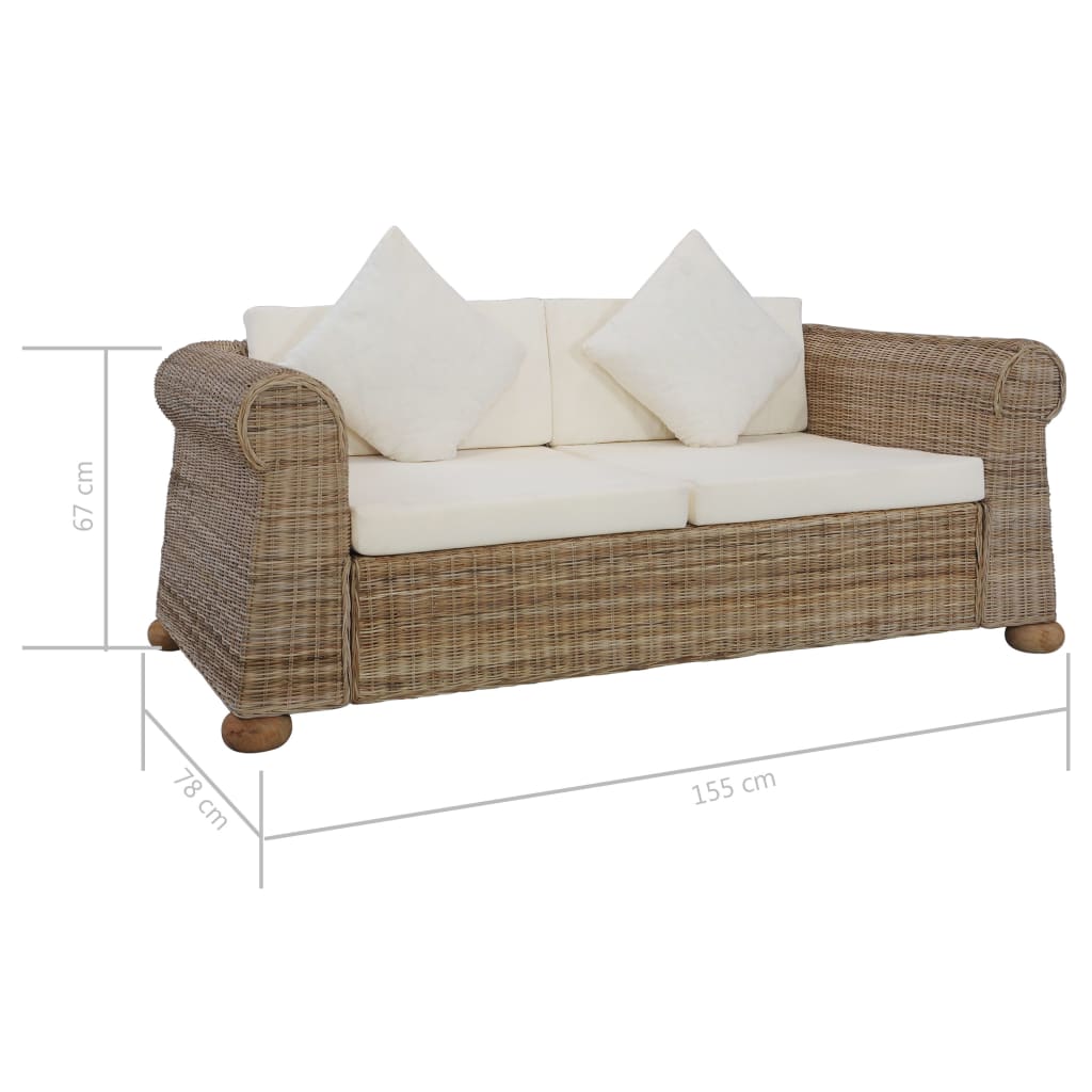 Ensemble Canapé 2 Places & Fauteuil – Rotin Naturel & Coussins Lin Blanc Crème