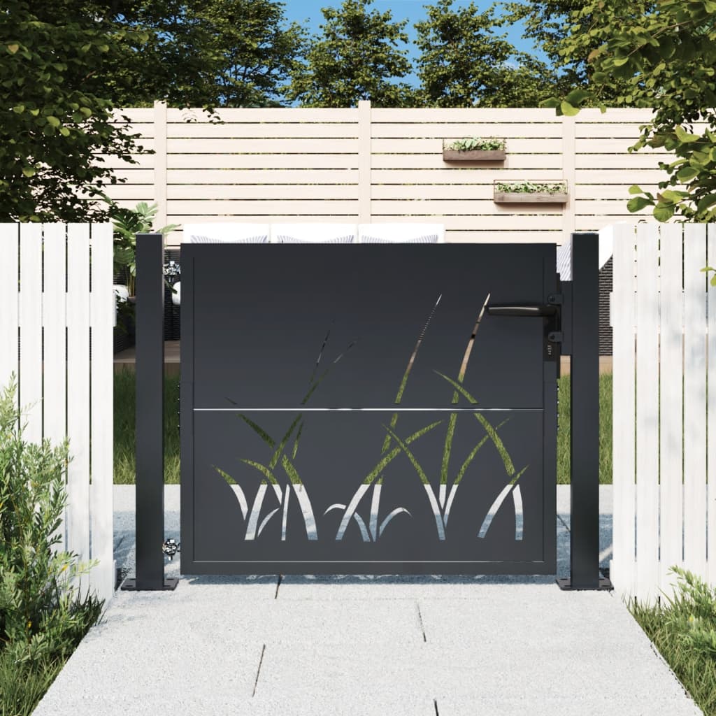 Portail de jardin anthracite en acier galvanisé – Motif d’herbe découpé au laser