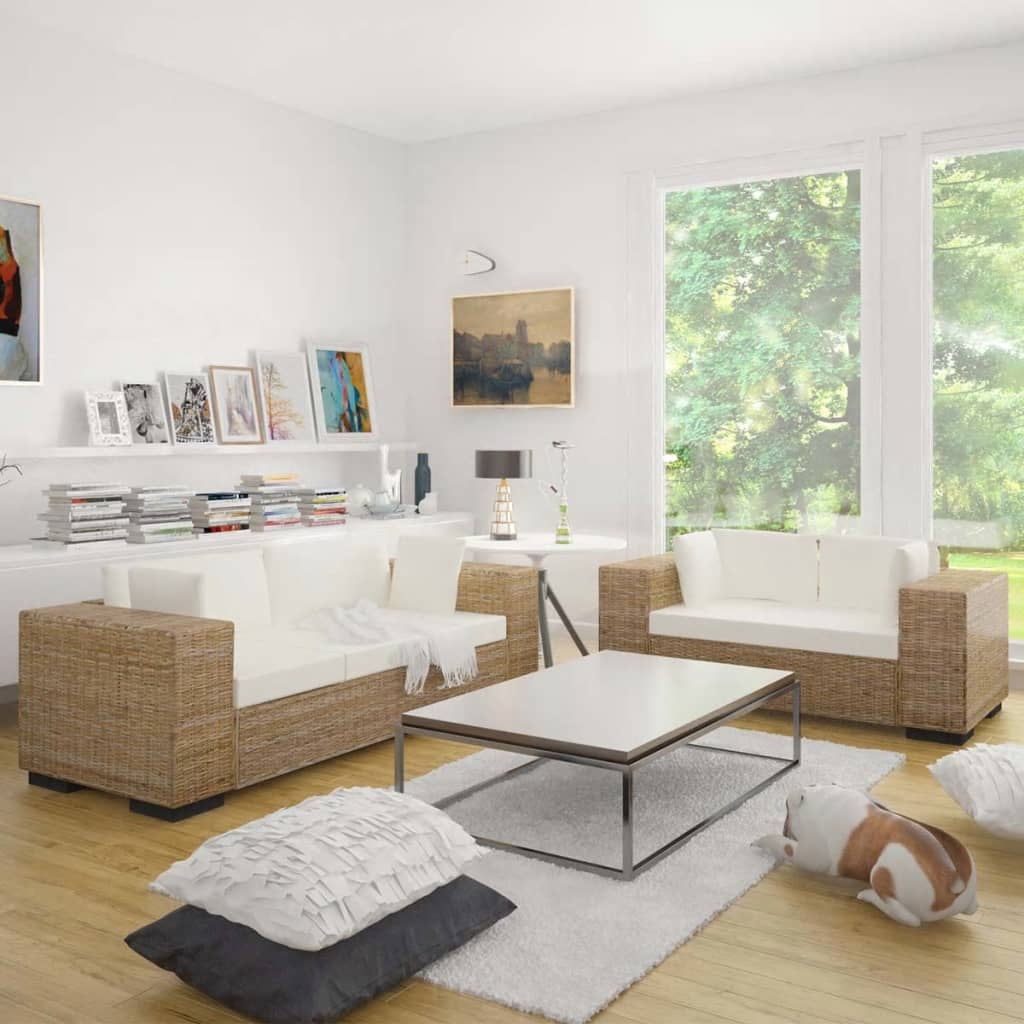 Ensemble Canapé 2 Places & Fauteuil – Rotin Naturel & Coussins Lin Blanc Crème