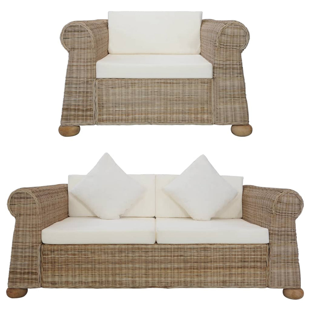 Ensemble Canapé 2 Places & Fauteuil – Rotin Naturel & Coussins Lin Blanc Crème