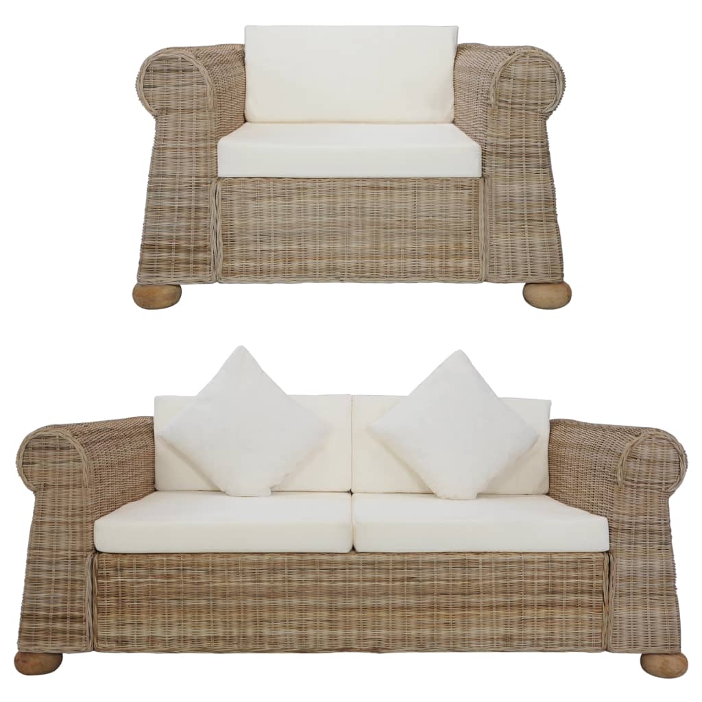 Ensemble Canapé 2 Places & Fauteuil – Rotin Naturel & Coussins Lin Blanc Crème