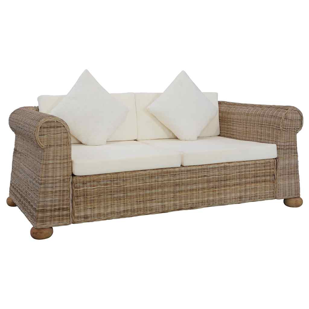 Ensemble Canapé 2 Places & Fauteuil – Rotin Naturel & Coussins Lin Blanc Crème