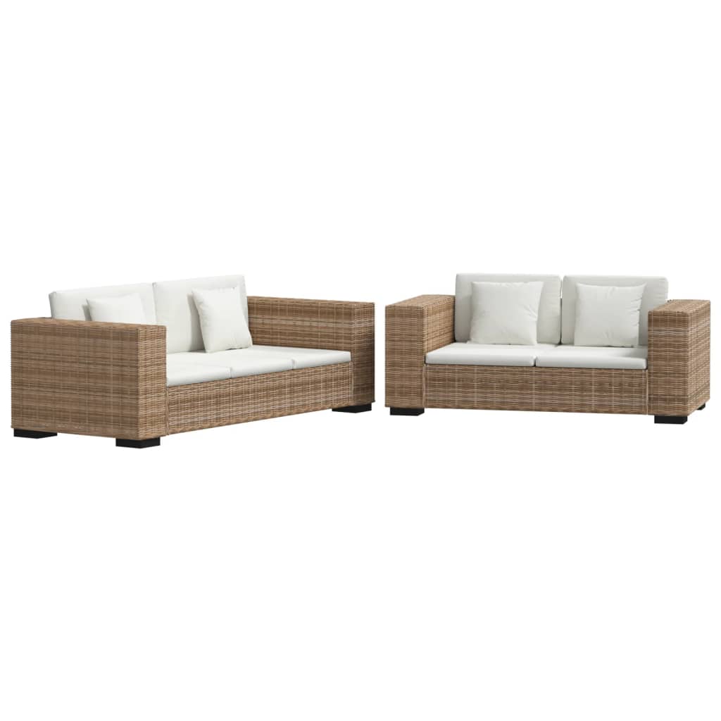 Ensemble Canapé 2 Places & Fauteuil – Rotin Naturel & Coussins Lin Blanc Crème