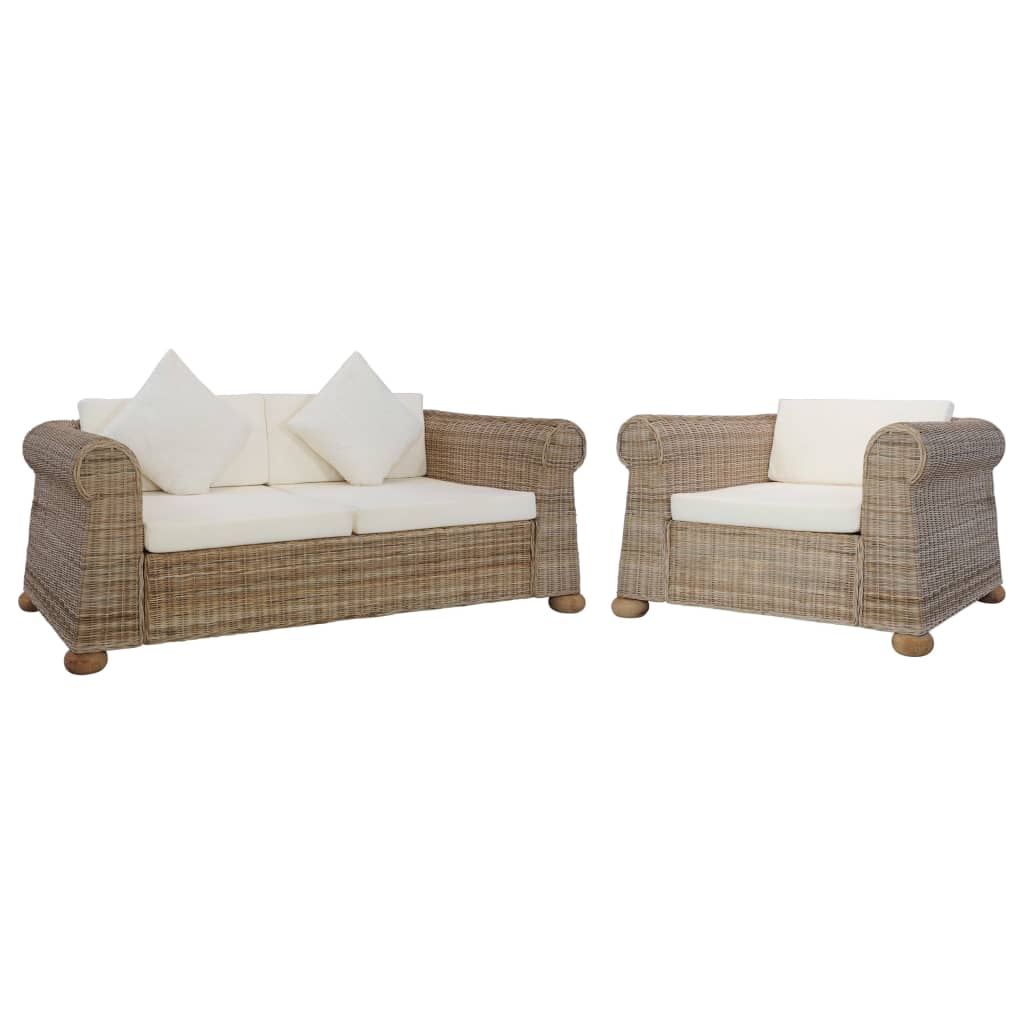 Ensemble Canapé 2 Places & Fauteuil – Rotin Naturel & Coussins Lin Blanc Crème