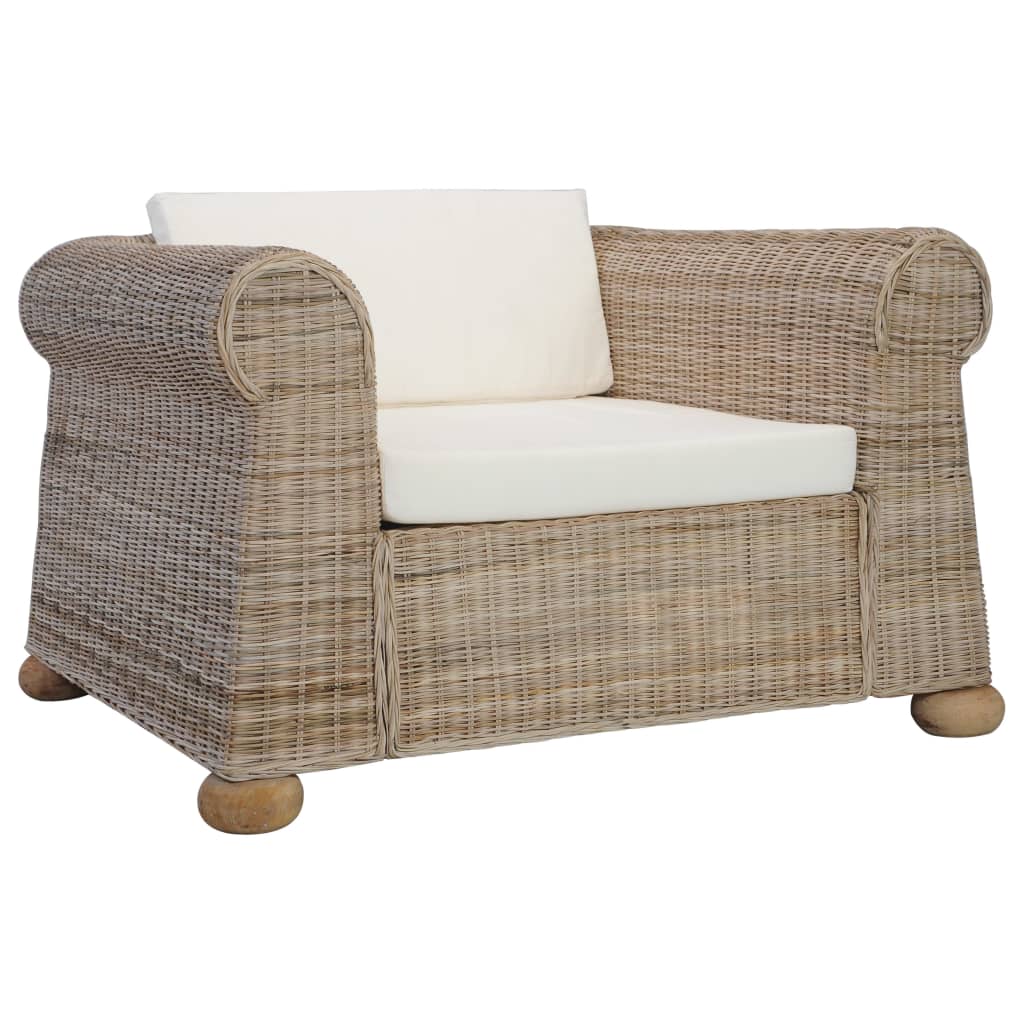 Ensemble Canapé 2 Places & Fauteuil – Rotin Naturel & Coussins Lin Blanc Crème