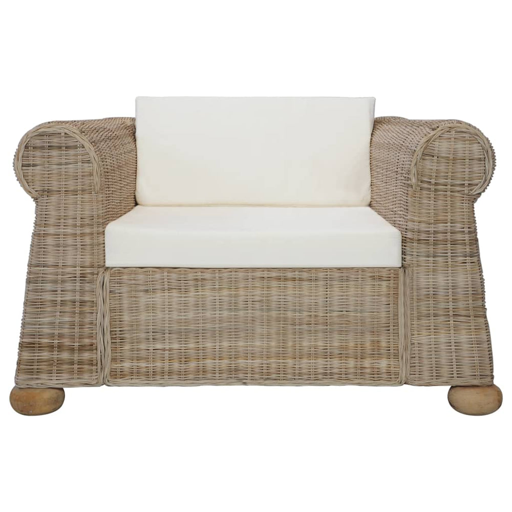 Ensemble Canapé 2 Places & Fauteuil – Rotin Naturel & Coussins Lin Blanc Crème