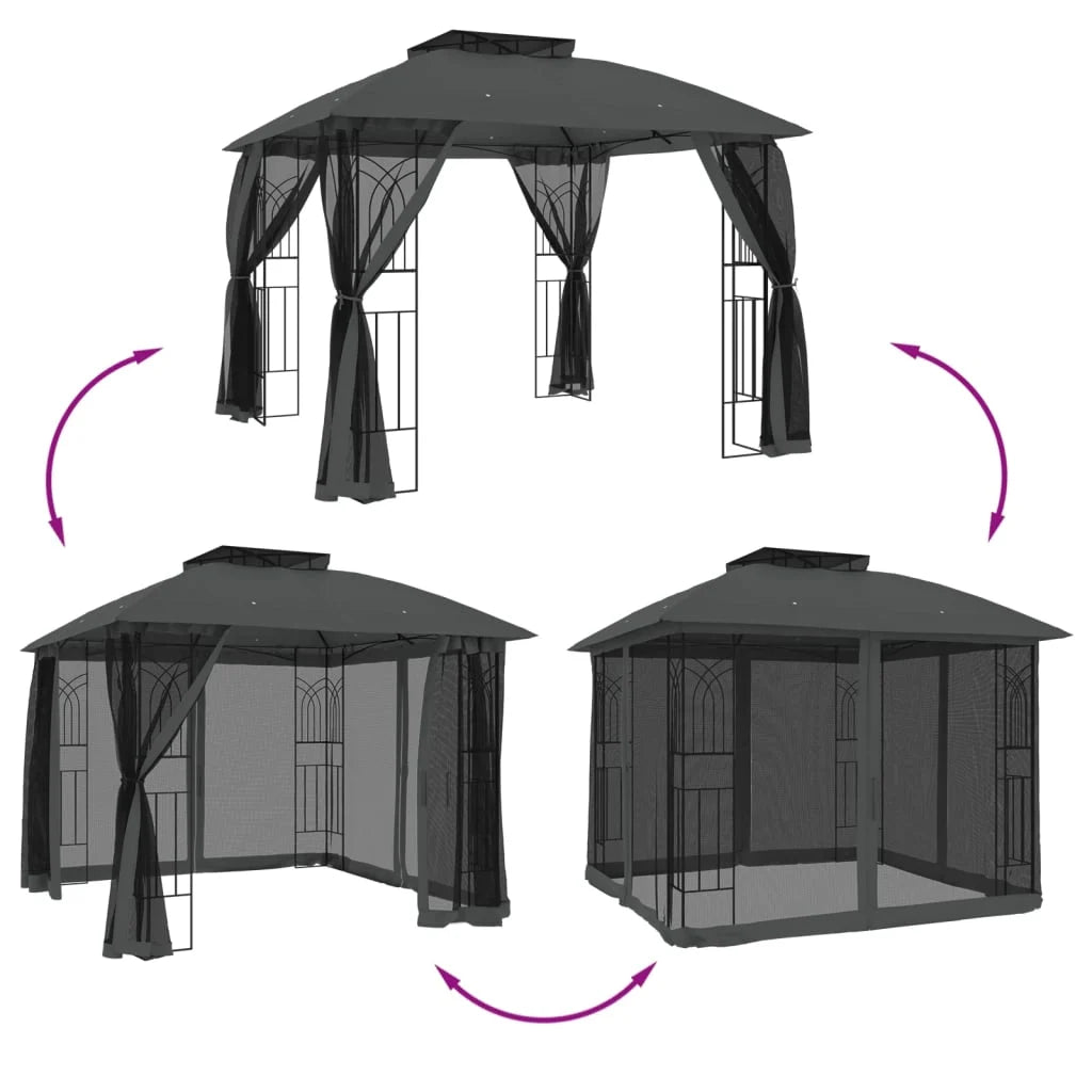 Tonnelle de Jardin avec Double Toit et Parois en Filet – Cadre Acier