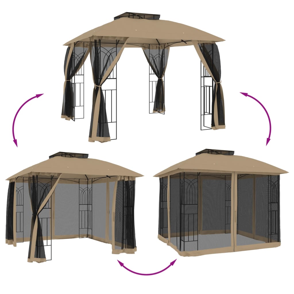 Tonnelle de Jardin avec Double Toit et Parois en Filet – Cadre Acier