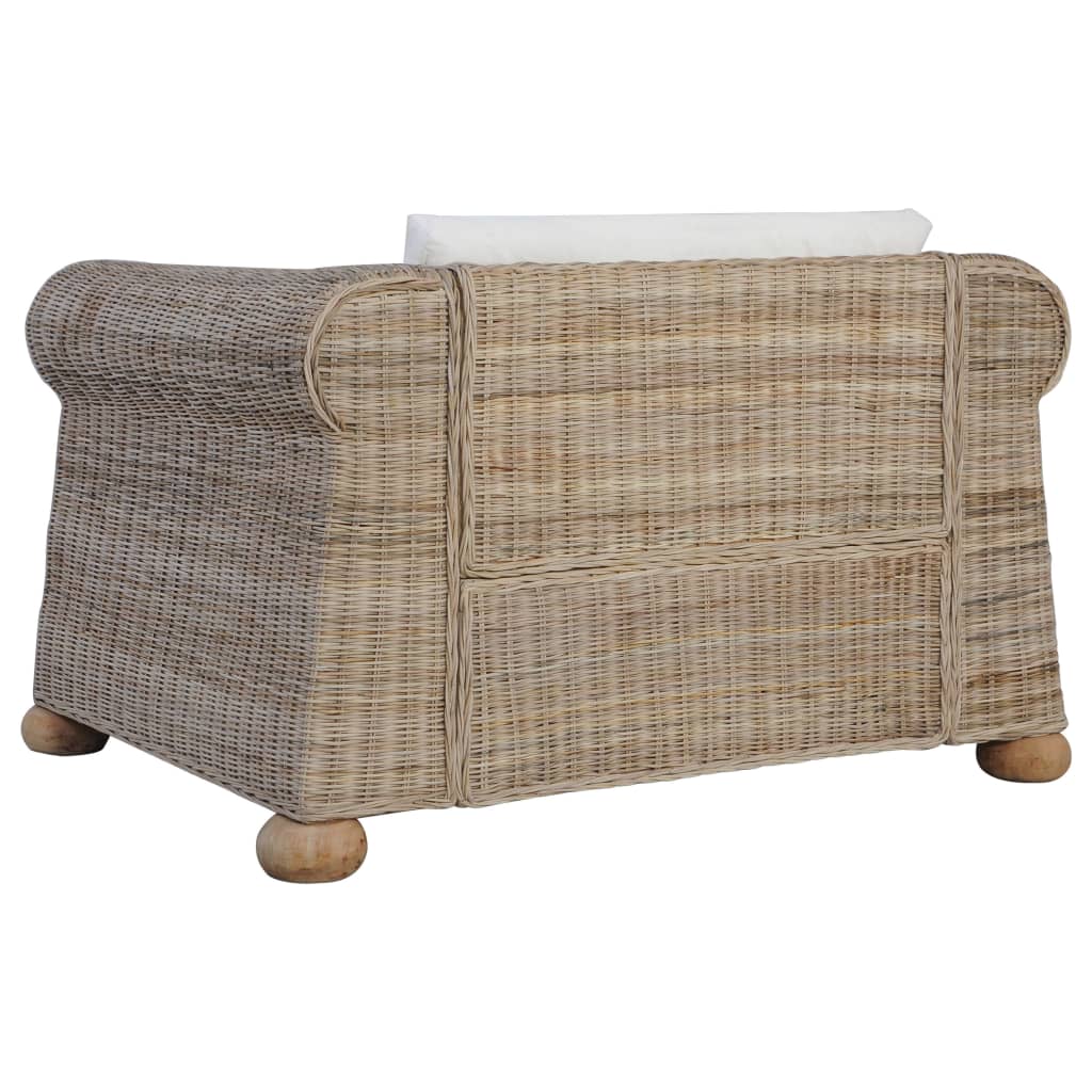 Ensemble Canapé 2 Places & Fauteuil – Rotin Naturel & Coussins Lin Blanc Crème