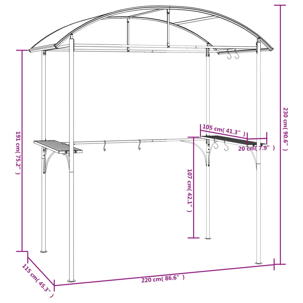 Gazebo BBQ avec étagères latérales anthracite 220x115x230 cm en acier