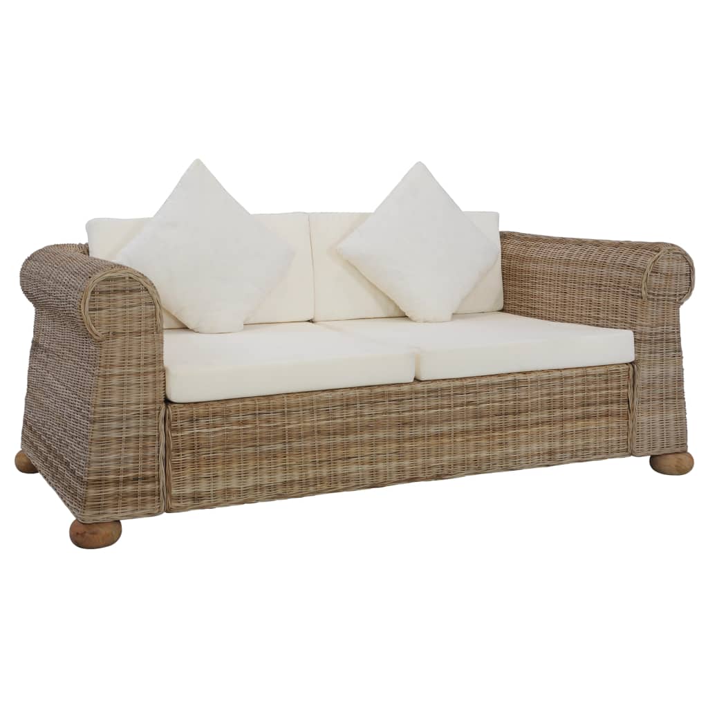 Ensemble Canapé 2 Places & Fauteuil – Rotin Naturel & Coussins Lin Blanc Crème