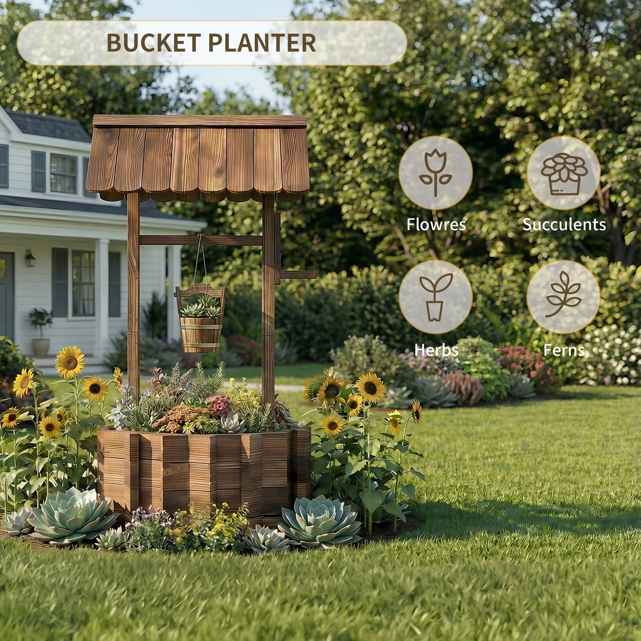 Jardinière puits à souhaits en bois