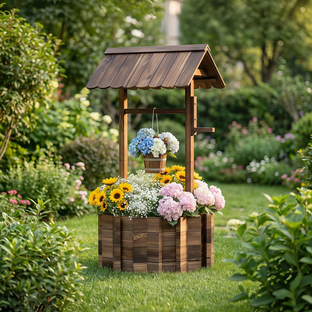 Jardinière en bois en forme de puits à souhaits