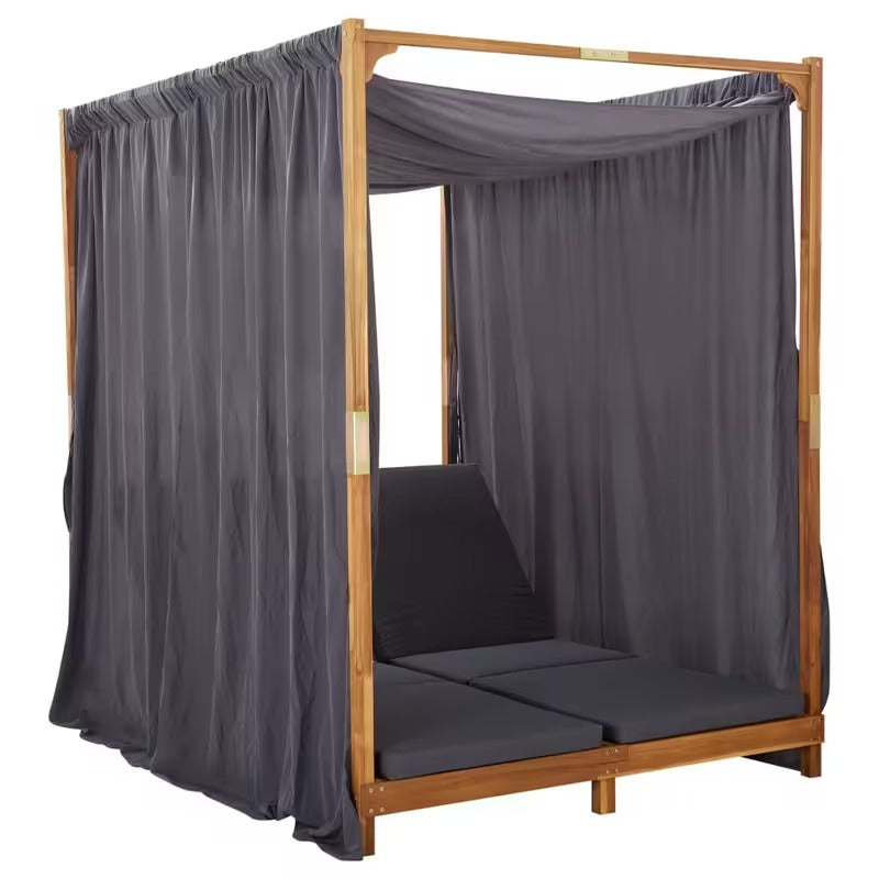 Bain de soleil double en bois avec rideaux
