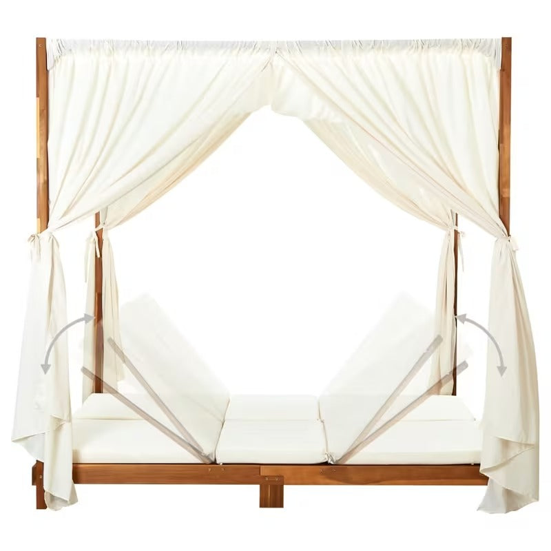 Bain de soleil double en bois avec rideaux