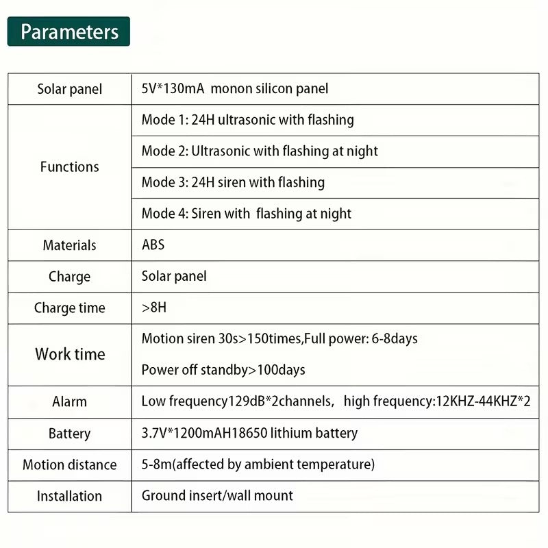 Répulsif solaire à ultrasons pour animaux