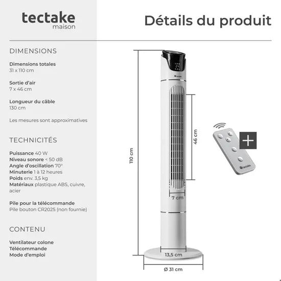 Ventilateur colonne TECTAKE 110 cm télécommandé