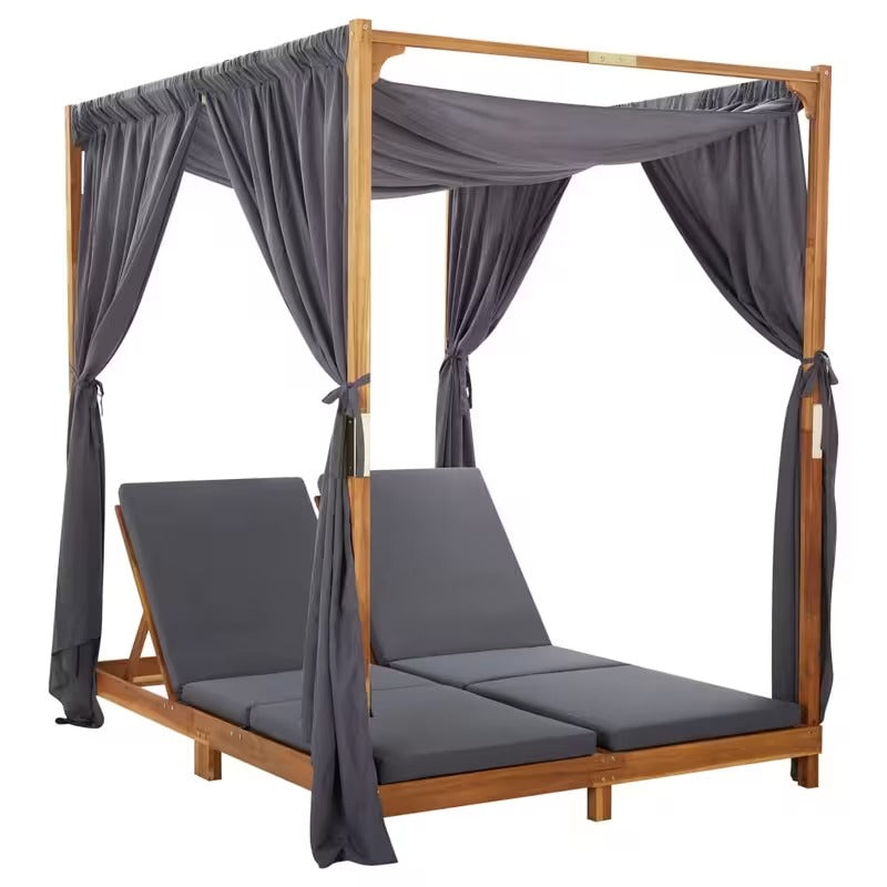 Bain de soleil double en bois avec rideaux