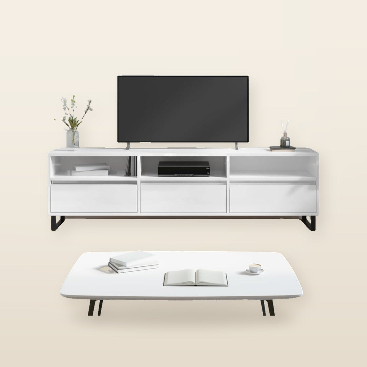 Meuble TV – 150 × 30 × 44,5 cm – 6 Compartiments, Pieds en Fer