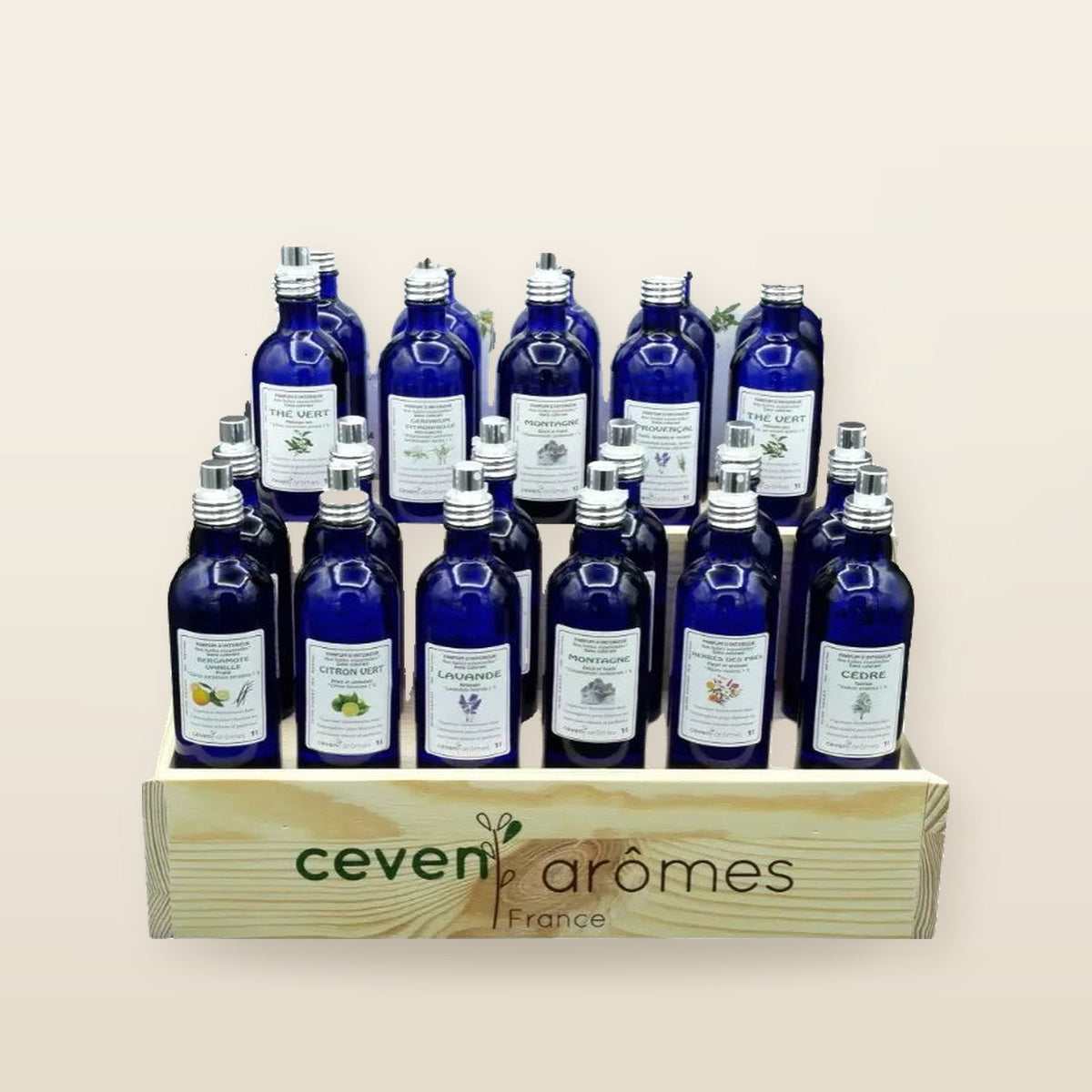Présentoir Pack 45 vaporisateurs parfums d'intérieur 100 ml - Verre bleu – Céven’Arômes