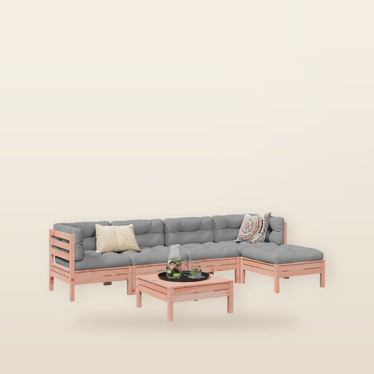 Salon jardin 6 pièces bois pin + coussins Gouglas Naturel Gris