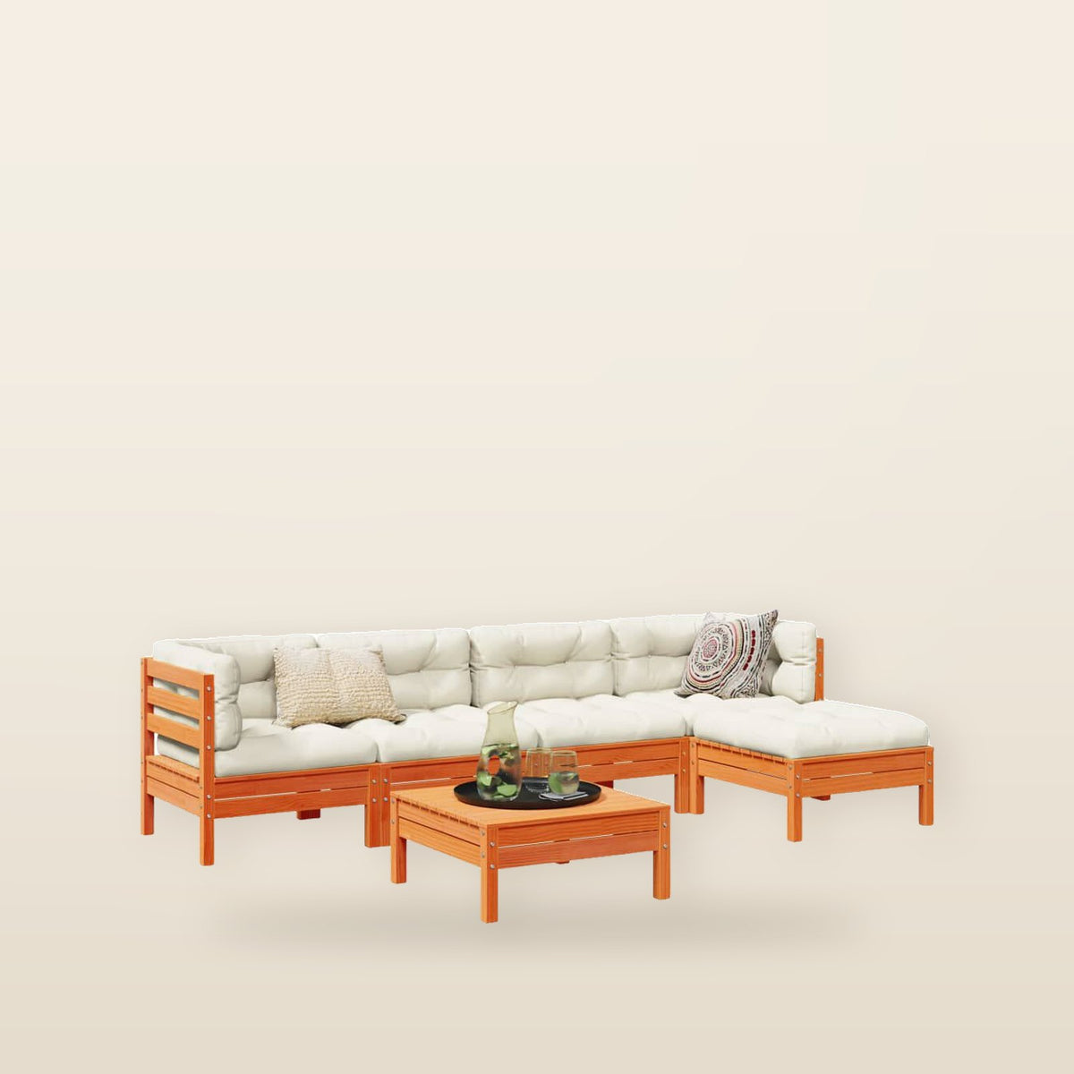 Salon jardin 6 pièces bois pin + coussins Marron cire