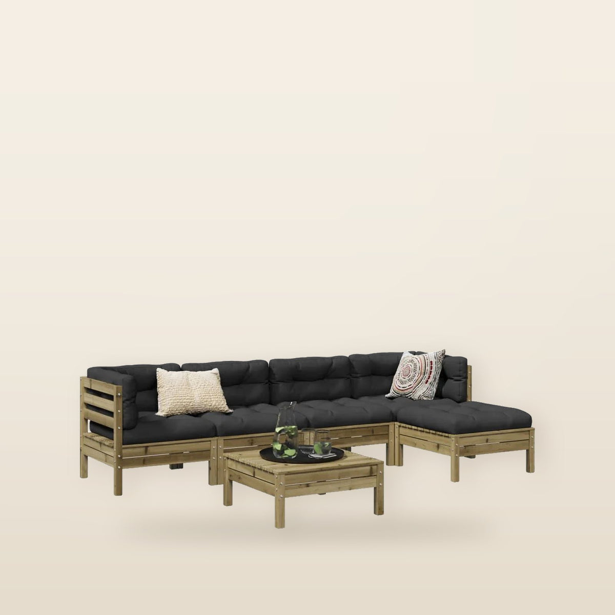 Salon jardin 6 pièces bois pin + coussins Naturel impregné Noir