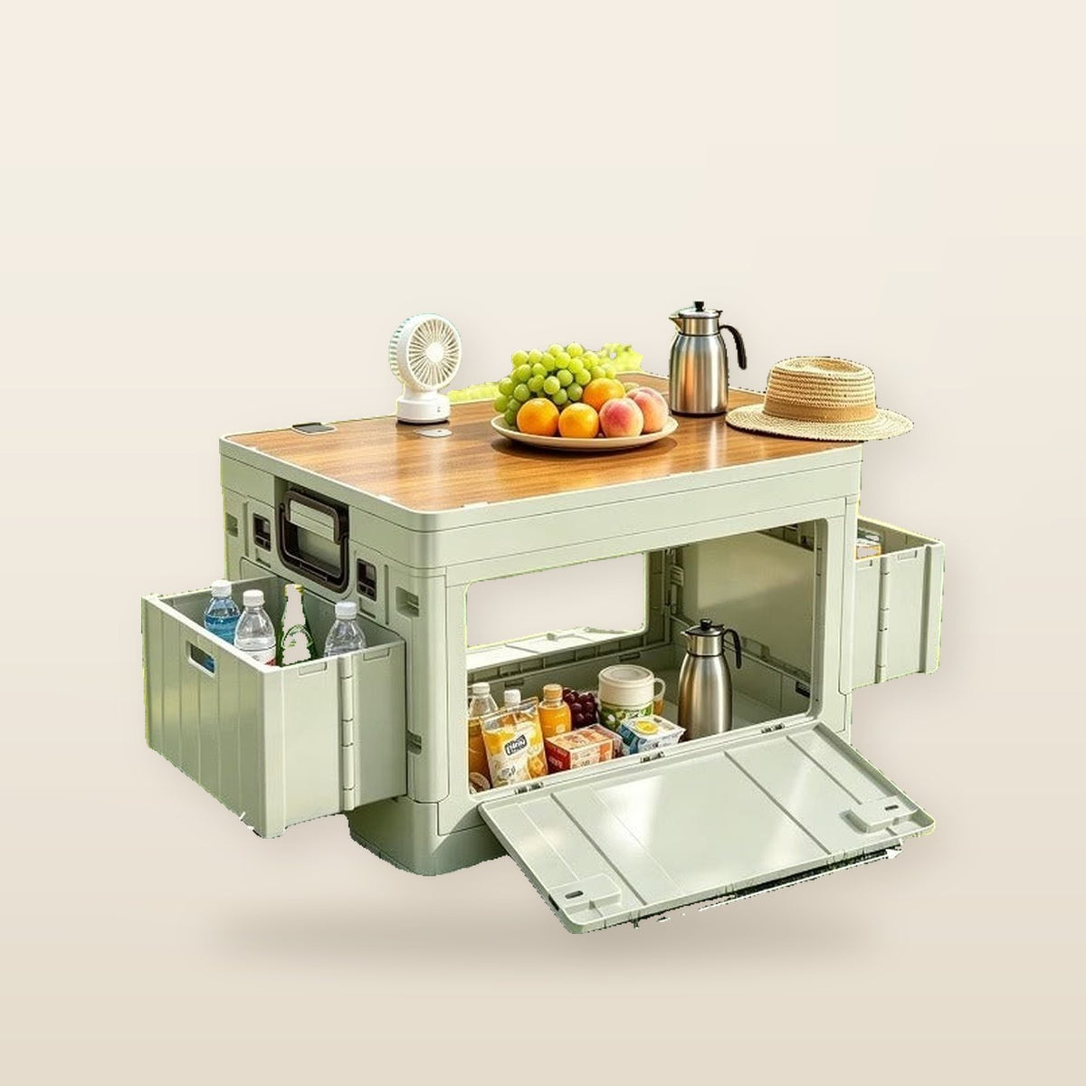 Boîte de rangement pliable avec plateau relevable et tiroirs