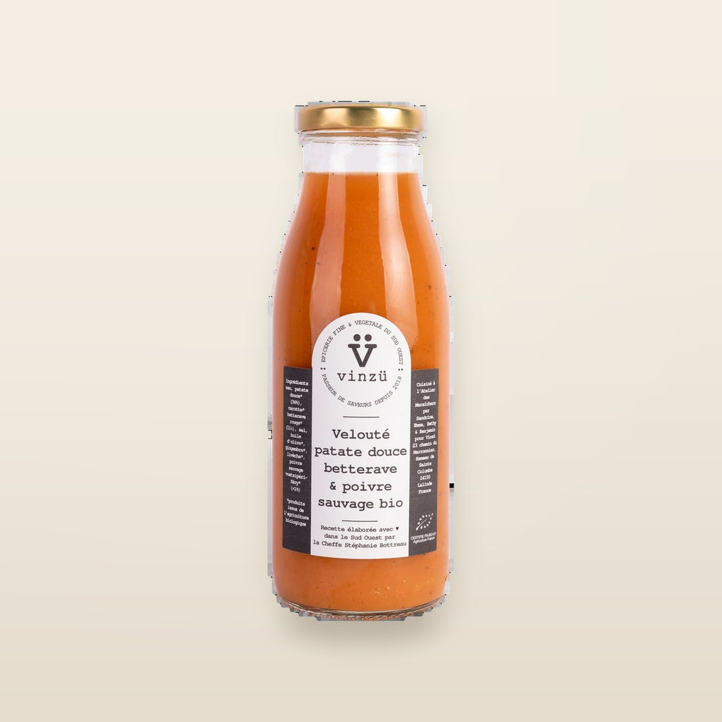 Velouté soupe de patate douce betterave poivre sauvage bio