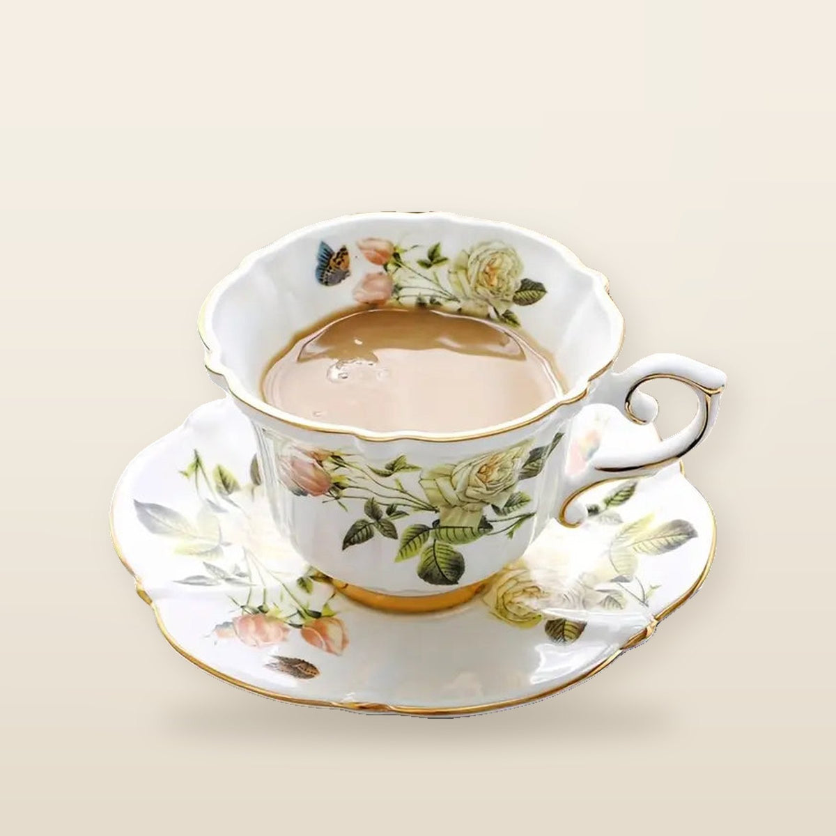 Tasse à café en porcelaine d’os avec soucoupe – Motif floral