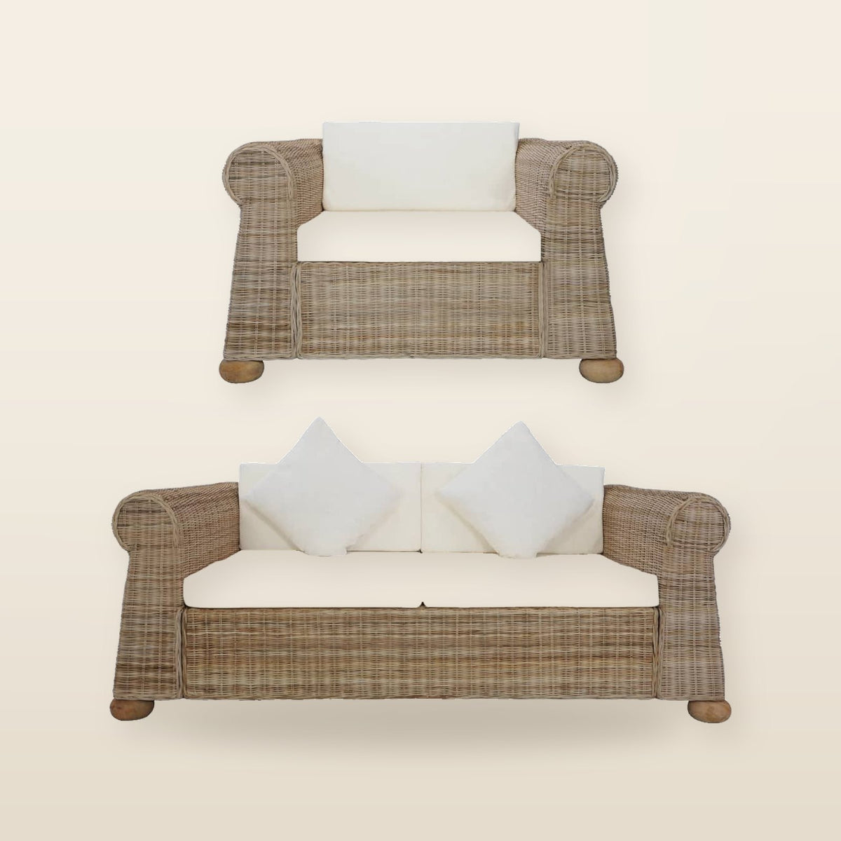 Ensemble Canapé 2 Places & Fauteuil – Rotin Naturel & Coussins Lin Blanc Crème