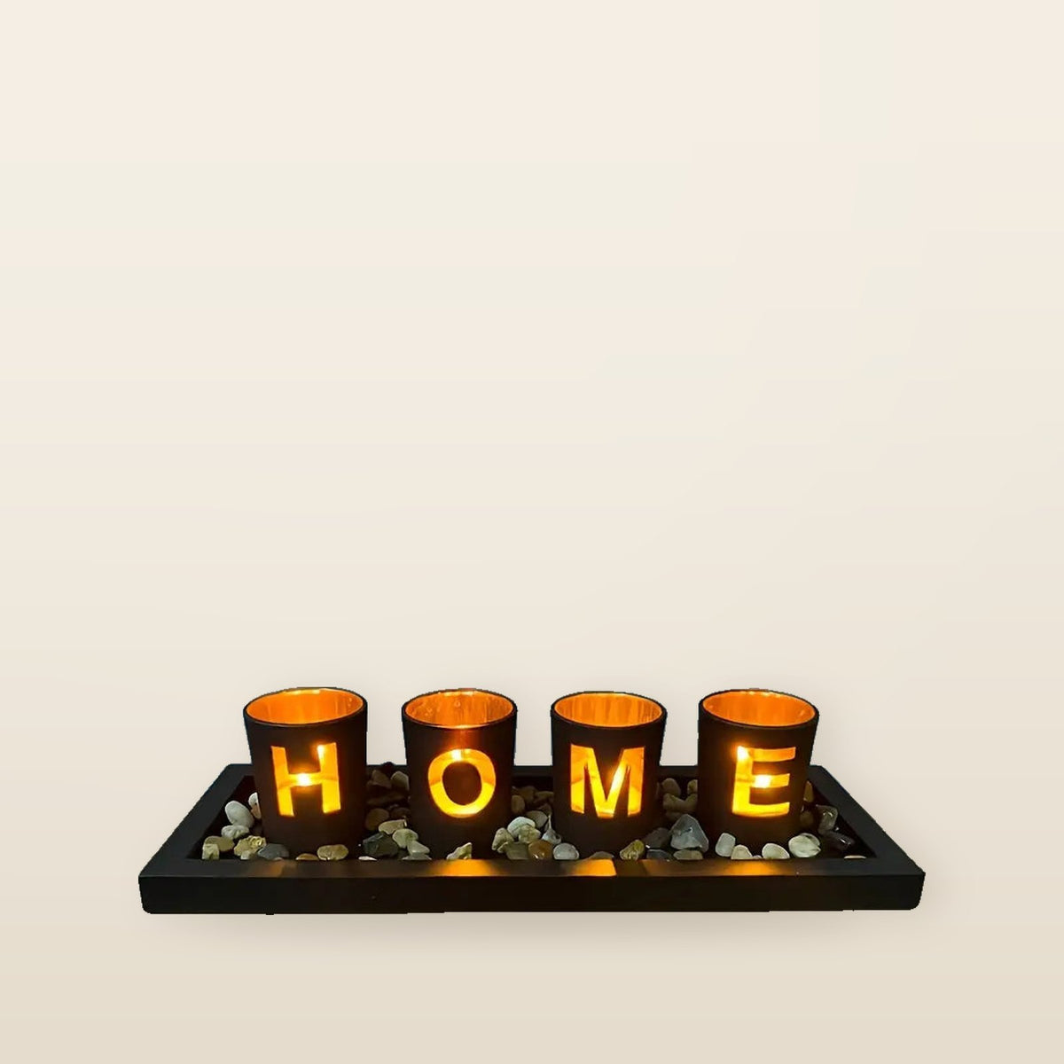 Decorative Candle Holder Set - Wooden Tray with Glass Candle Holder, Creative Design with Letters