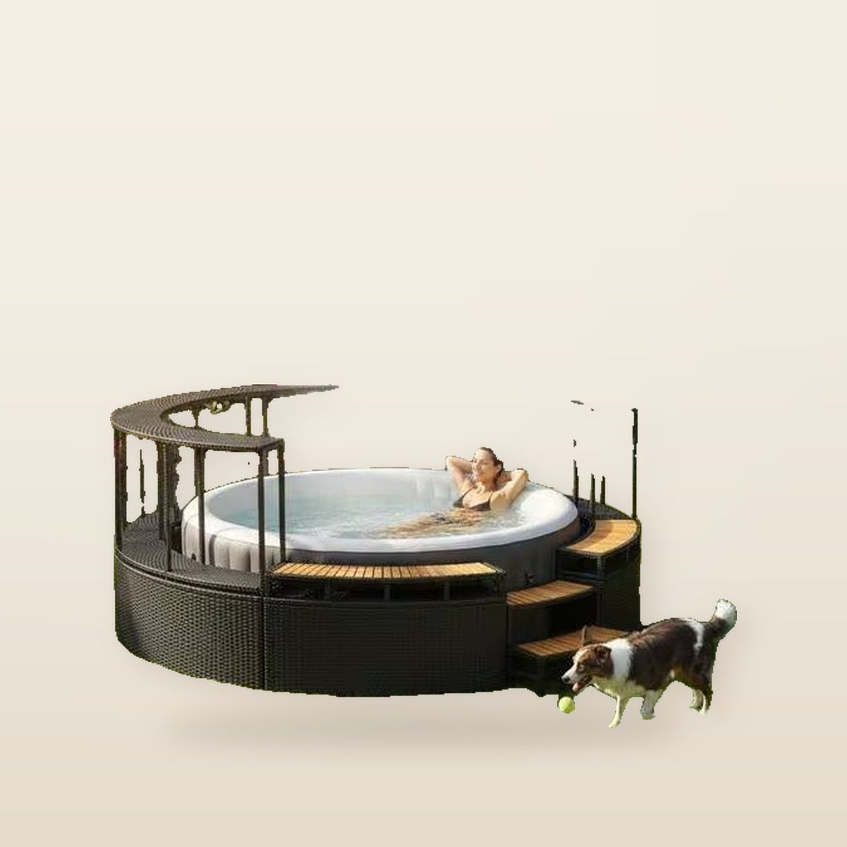 Entourage de spa en résine tressée noire 243 × 55 cm – Marches et rangement