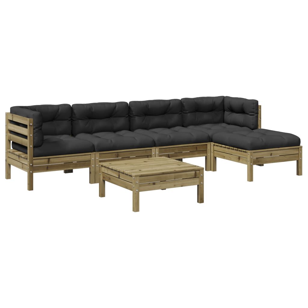 Salon jardin 6 pcs bois pin + coussins  Naturel impregné Noir