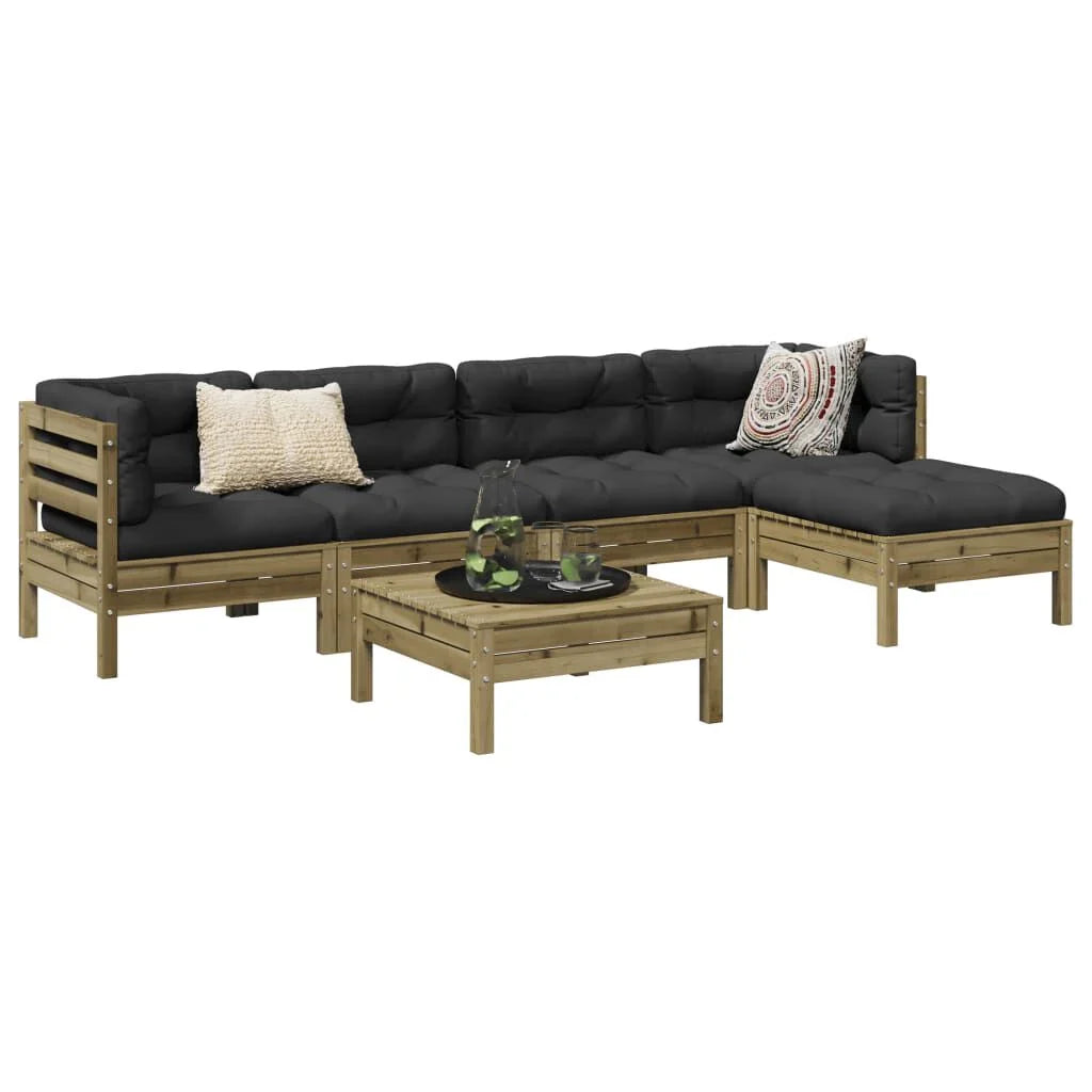 Salon jardin 6 pcs bois pin + coussins  Naturel impregné Noir
